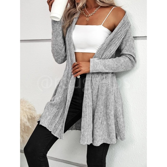 Ruffle Hem Gray Knit Open Cardigan Long Sleeve - Picture 4 of 9